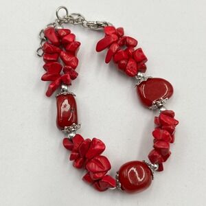 VTG Red Heart Coral Style Chunky Beaded Chunk Bracelet Retro Boho Silver Tone